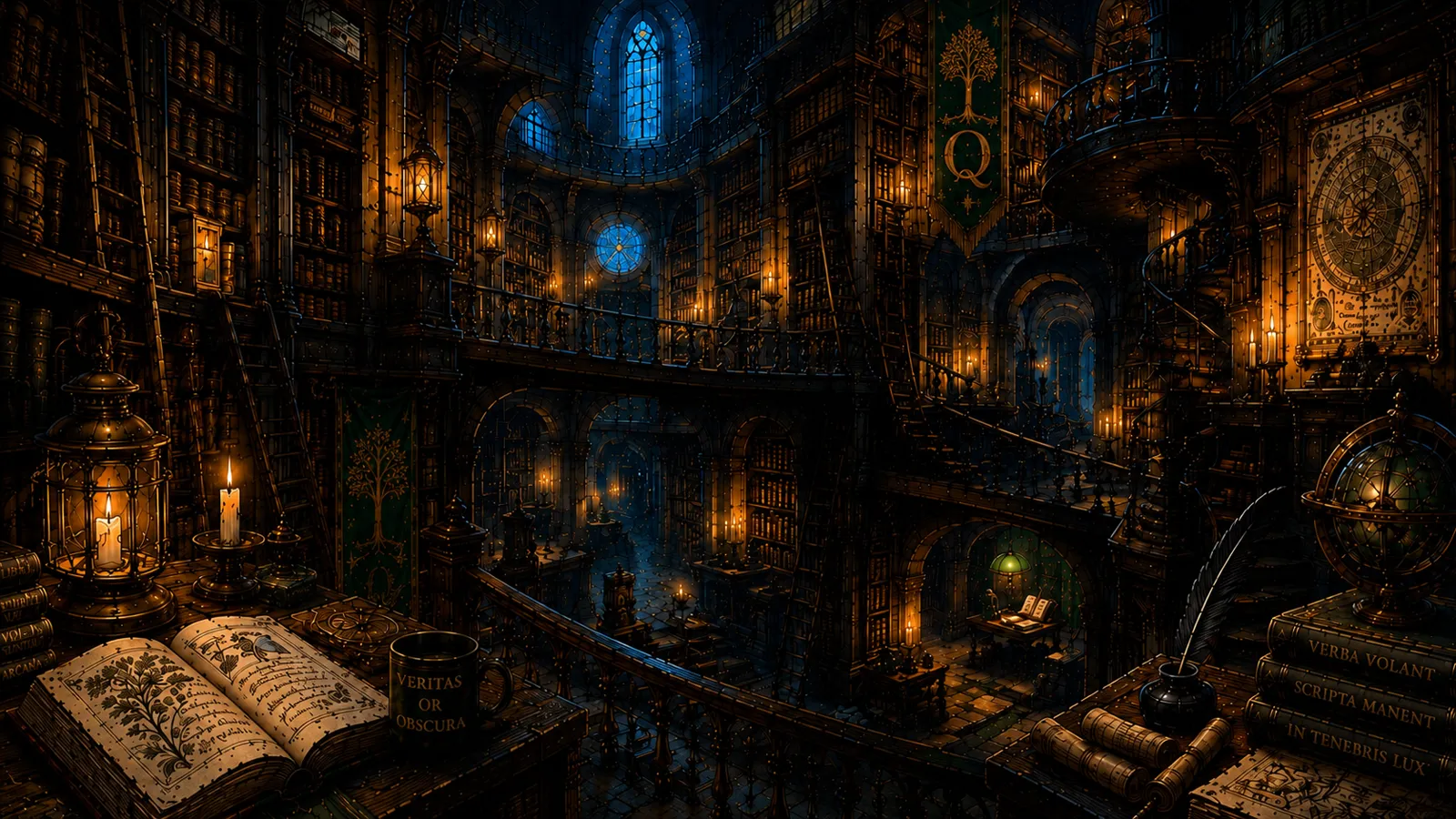 The Hidden Stacks — candlelit shelves descending into the deep library